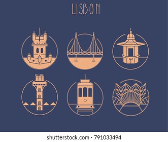 Lisbon, Portugal landmarks icon set. Vector circle illustration design. Info graphics, application, web. Buildings, architecture. European travel destination, country and city symbols, tourism.