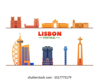 Lisboa (Portugal) es un telón de fondo blanco. Ilustración vectorial. Concepto de viajes de negocios y turismo con edificios históricos torre Belem, Arco de Triunfo, Catedral y Ascensor de Santa Justa.