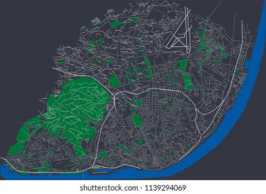 Lisbon, Portugal roads and streets network night version vector map