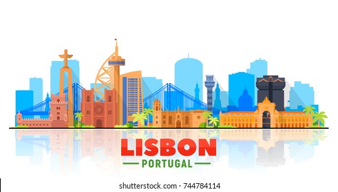 Lisbon ( Portugal ) skyline with panorama in white background. Vector Illustration. Business travel and tourism concept with modern buildings. Image for presentation, banner, web site.