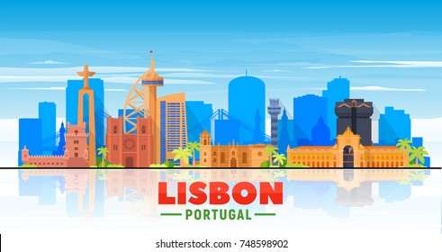 Lisbon ( Portugal ) skyline with panorama in white background. Vector Illustration. Business travel and tourism concept with modern buildings. Image for presentation, banner, web site.