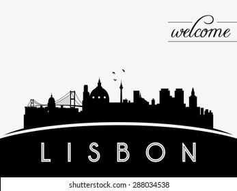  Lisbon Portugal skyline silhouette black vector design on white background.