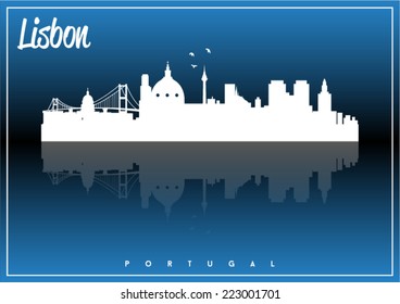 Lisbon, Portugal, skyline silhouette vector design on parliament blue and black background. 