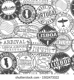 Lisbon Portugal Stamps. City Stamp Vector Art. Postal Passport Travel. Design Set Pattern.