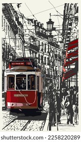 Lisbon, Portugal tramway near praca de Camoes - vector illustration (Ideal for printing, poster or wallpaper, house decoration) 
