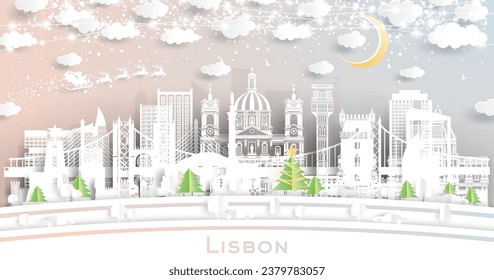 Lisbon Portugal. Winter City Skyline in Paper Cut Style with Snowflakes, Moon and Neon Garland. Christmas, New Year Concept. Santa Claus on Sleigh. Lisbon Cityscape with Landmarks.