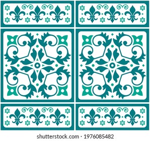 Lisbon, Portuguese style Azulejo tile seamless vector green and white pattern, elegant decorative design with floral motif and fleur de lis shapes. Retro wallpaper or fabric print background inspired 