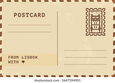 Do modelo de cartão postal de Lisboa. Ilustração de cartão postal estilo vintage grungy vetor com selo, torre, marco, mensagem. Layout de imagem simples de saudações simples