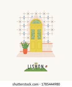 Lisbon poster illustration,  front view of vintage door.
Portugal travel postcard. Lisbon city print with exterior elements: beautiful door, azulejo tile. Design for poster, t-shirt.
