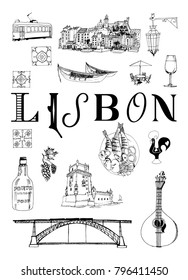 lisbon poster. Vector set of portugal landmarks