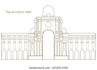 Lisbon Praca do Comercio Line Silhouette Typographic Design on white background