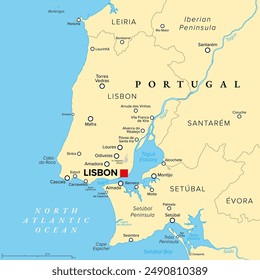 Lisbon Region, political map of the urban area and capital city of Portugal, a country on the Iberian Peninsula in Europe. Lisbon district with Tagus River Estuary, bordered by North Atlantic Ocean.