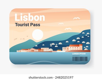 Lisbon scenic landscape with ocean buildings hills birds and sun minimalist design travel concept