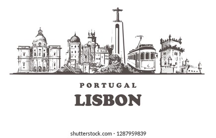 Lisbon sketch skyline,Portugal vintage vector illustration.Hand drawn Lisbon city,isolated on white background.