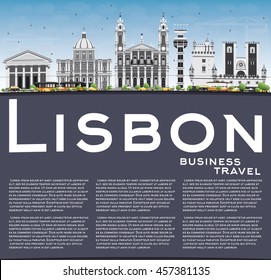 Lisbon Skyline with Gray Buildings, Blue Sky and Copy Space. Vector Illustration. Business Travel and Tourism Concept with Historic Buildings. Image for Presentation Banner Placard and Web Site.
