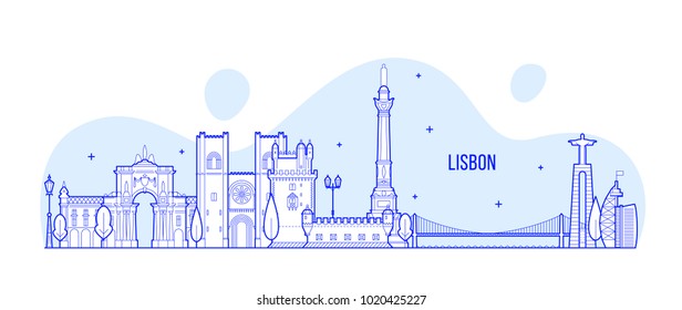 Lisbon skyline, Portugal. This illustration represents the city with its most notable buildings. Vector is fully editable, every object is holistic and movable