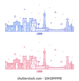 Lisbon skyline, Portugal. This illustration represents the city with its most notable buildings. Vector is fully editable, every object is holistic and movable