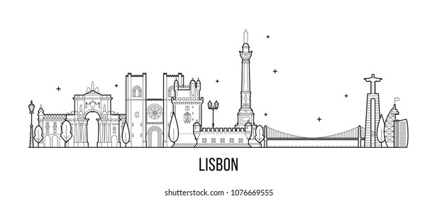 Lisbon skyline, Portugal. This illustration represents the city with its most notable buildings. Vector is fully editable, every object is holistic and movable