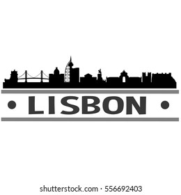 Lisbon Skyline Silhouette. Cityscape Vector Famous Buildings Clip Art Design. 