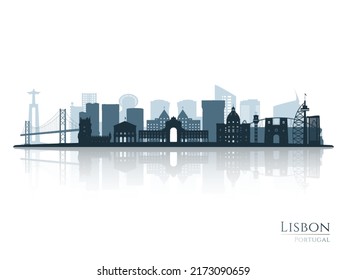 Lisbon skyline silhouette with reflection. Landscape Lisbon, Portugal. Vector illustration.