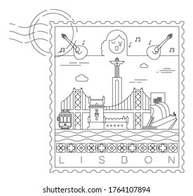 Lisbon stamp minimal linear vector illustration and typography design, Portugal