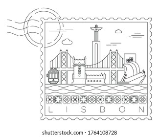 Lisbon stamp minimal linear vector illustration and typography design, Portugal