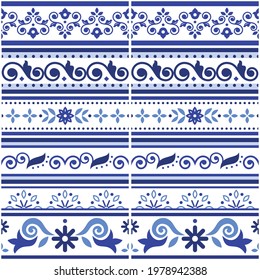 Lisbon style Azulejo tile seamless vector border or fram pattern collection, retro navy blue design set inspired by art from Portugal with floral and geometric motif. Traditional Portuguese wallpaper 