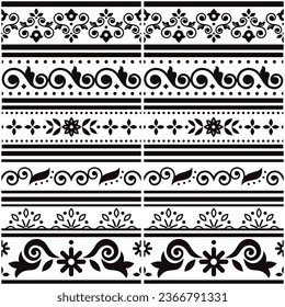 Lisbon style Azulejo tile seamless vector border or fram pattern collection, retro  design set inspired by art from Portugal with floral and geometric motif in black and white