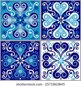 Lisbon style Azulejo tile seamless vector navy blue pattern, elegant decorative design inspired by art from Portugal with floral and geometric motif
