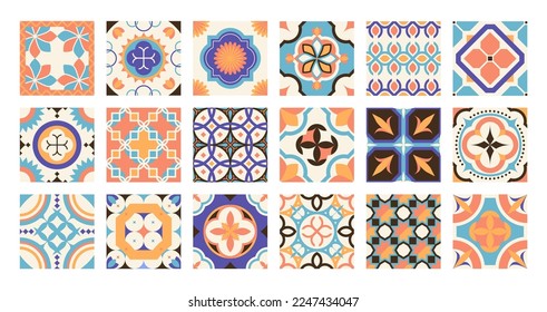 Lisbon tile pattern. Traditional portuguese spanish moroccan mosaic ceramic, decorative ornate square azulejos mediterranean motif. Vector set of spanish and portuguese pattern illustration