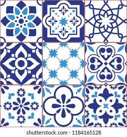 Lisbon tiles design, Azulejo vector seamless pattern, abstract and floral decoration inspired by tranditional tile art from Portugal and Spain.
Navy blue old mosaic, retro tiles background, repetitive