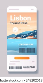 Lisbon tourist pass design with scenic landscape sea mountains buildings sun birds barcode