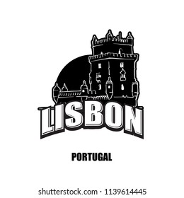 Lisbon, tower, black and white logo for high quality prints. Hand drawn vector sketch.