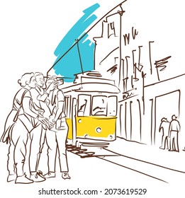 Lisbon Tram Drawing with Tourists - vector illustration. Lisbon city tram vector sketch.