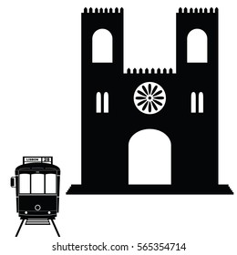 Lisbon tramway in black color with building art illustration
