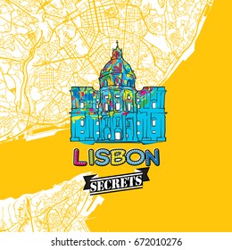 Lisbon Travel Secrets Art Map for mapping experts and travel guides. Handmade city logo, typo badge and hand drawn vector image on top are grouped and moveable.