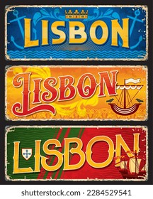 Lisbon travel stickers and plates with vector heraldic symbols of Portugal. Coat of arms of Portugal and Lisbon, portuguese flag and gold crown rusty metal plates with azulejo tile pattern background