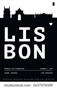 Lisbon typography minimalist vector poster for national event, public holiday, independence day, festival layout. Brochure, leaflet, flyer, presentation image template for Portugal city