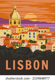 Lisbon VintageTravel Poster. Portugal cityscape landmark, sea, sunset sky. Vector illustration