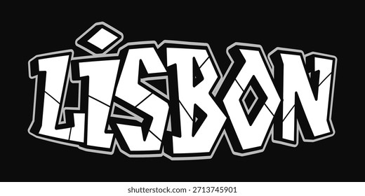 Lisbon word written in bold, stylized graffiti lettering, featuring a black background and white block characters with grey outlines, showcasing street art and urban typography