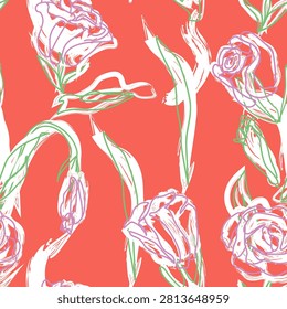 Lisianthus Brush stroke floral textile pattern design in coral for fashion and home textiles