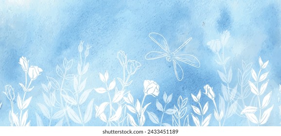 Lisianthus. Eustoma. Hand drawn on blue  background. Vector sketch of flowers. Watercolor poster. Dragonfly silhouette. Butterfly insect
