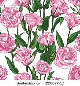 Lisianthus. Eustoma pattern. Flowers line drawn on a white background. Vector sketch of flowers.