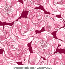 Lisianthus. Eustoma pattern. Flowers line drawn on a Viva Magenta background. Vector sketch of flowers.