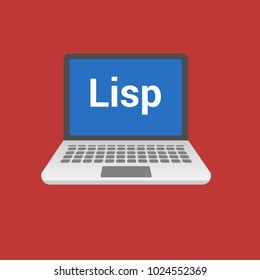 Lisp programming language. Laptop flat design on red background