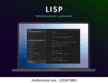 Lisp vector logo - programming language. Learning concept on the laptop screen code programming. Command line Lisp interface with flat design and gradient purple background. 