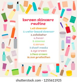 List of 10 step korean skincare routine writing at the center of frame with multicolored cosmetic jars.
