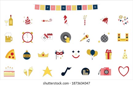 list of 30 new year icons vector, party horn, hats, whistle, popper, fireworks, confetti, flags, disco ball, music, vine, beer, ice cream, pizza, clown face, mask, balloons, crown, calendar, clock, dj