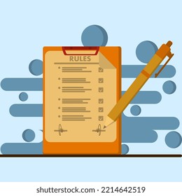 a list of approved rules with signatures, reading guides, creating checklists. Vector illustration for company order, restriction, law, regulatory concept