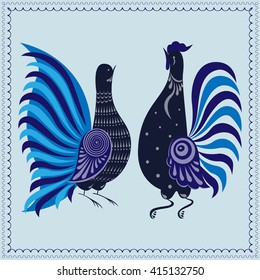 List of birds in the Russian style. Vector monochrome sketch of exotic birds. Set of blue birds.